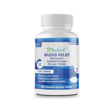 Safrel Mucus Relief, 600mg Guaifenesin 12 Hour Extended Release, Long Acting Chest Congestion Expectorant, Thins and Loosens Mucus, Relieves Chest Congestion, Cough, Cold and Flu (500 Count Bottle)