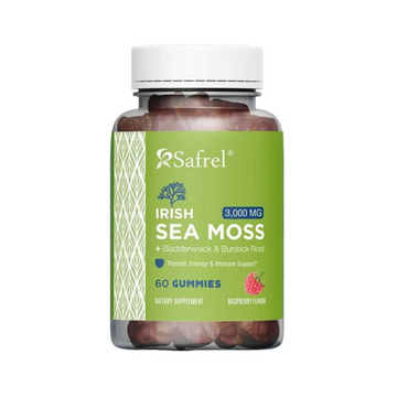 Safrel Irish Sea Moss Gummies 3000mg - 60 Vegan Gummies - with Bladderwrack & Burdock Root - Thyroid, Energy & Immune Support Supplement- Raspberry Flavor