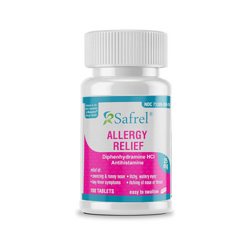 Safrel Allergy Relief Medicine | Antihistamine Diphenhydramine HCl 25 mg (100 Tablets) | Children and Adults | Relieves Sneezing, Runny Nose, Hay Fever Symptoms, Itchy Eyes and Throat | Value Pack
