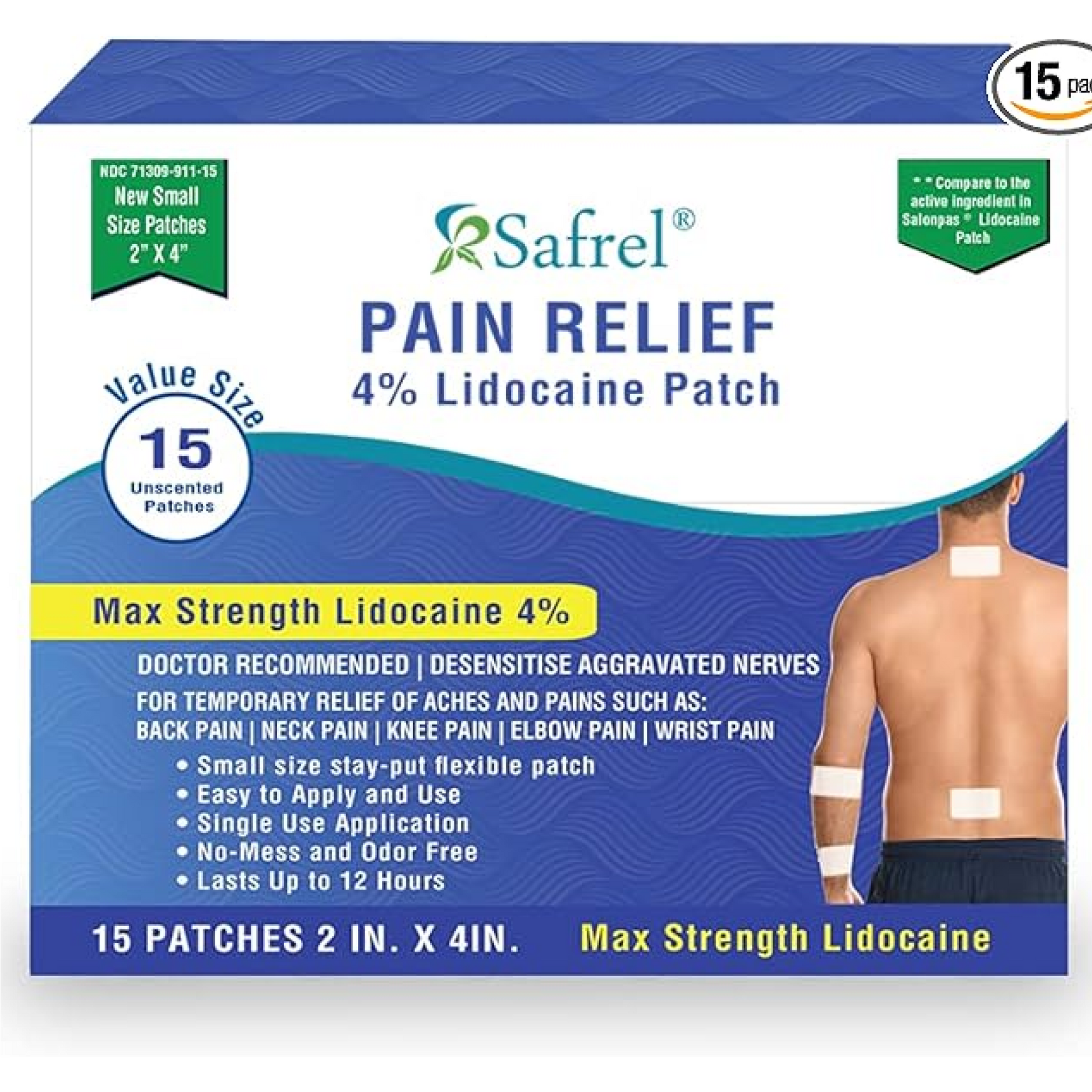 Safrel Lidocaine 4% Dry Patch 15 Count, Unscented, Small 2 x 4 Inches Pain Relief Patches for Knees, Ankle, Back, Elbows, Shoulders, Patch Away Your Pain Without Jelly Feeling, Compare to Salonpas