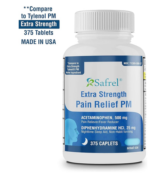 Safrel Extra Strength Pain Reliever PM and Sleep Aid (375 Tablets) | Acetaminophen 500 mg & Diphenhydramine HCl 25 mg | Fast Acting Relief for Headaches, Minor Aches | Non-Habit Forming | Value Pack