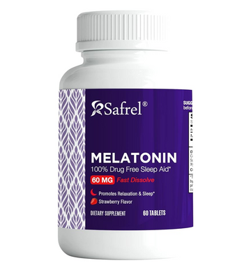 Safrel Melatonin 60mg Maximum Strength Sleep-Aid- 60 Count Strawberry Flavor Fast Dissolve Tablets, Promotes Natural Sleep, Non-Habit Forming, High Absorption Formula, Non-GMO, Gluten Free, Vegan