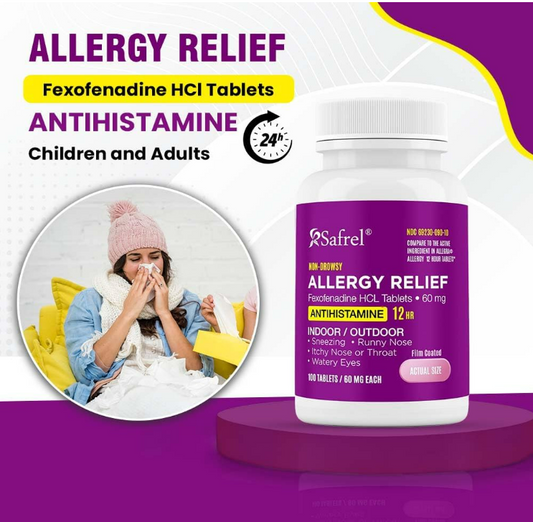 Safrel Fexofenadine HCl 100-Count Tablets Allergy Relief Non-Drowsy -Antihistamine-for Indoor & Outdoor Allergies - Runny Nose, Itchy & Watery Eyes Relief -12 Hour Support- Ideal for Children & Adults