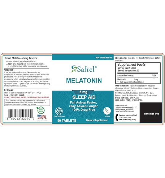 Safrel Melatonin 5mg Tablets, Vegan Natural Sleep Aid, Helps You to Fall Asleep Faster and Stay Asleep Longer, Helps with Occasional Sleeplessness and Supports Restful Sleep, 60 Count