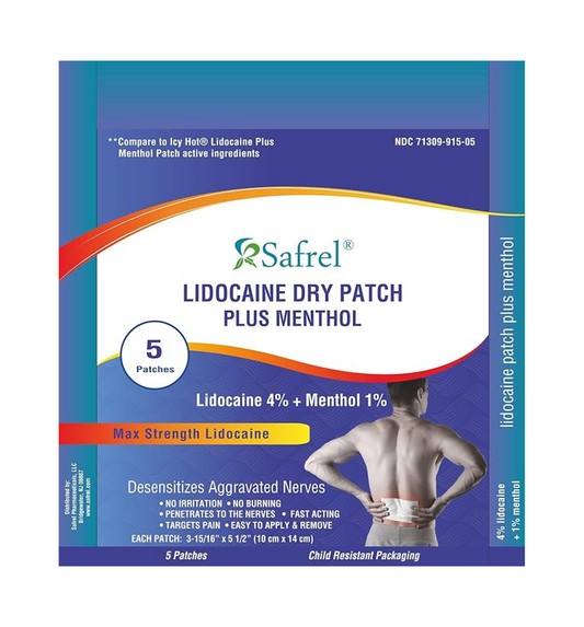 Safrel Lidocaine Plus Menthol Dry Patch 5 Count, Unscented Pain Relief Patches for Back or Large Area, Patch Away Your Pain Without Jelly Feeling | Compare to ICY Hot Max Strength