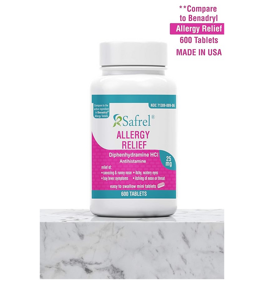 Safrel Allergy Relief Medicine (600 Minitabs) Diphenhydramine HCl 25 mg | Compare to Active Ingredient of Benadryl® Allergy Antihistamine Tablets | for Seasonal or Indoor & Outdoor Allergies