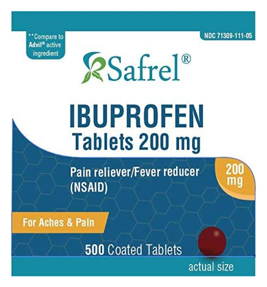 Safrel Ibuprofen Tablets 200 mg (NSAID), 500 Count, Pain Reliever/Fever Reducer | Toothache, Headache, Muscle Aches, Menstrual Cramps, Back & Arthritis Pain Relief | Value Pack
