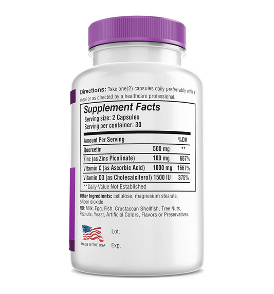 Safrel Strong Immune Support, Quercetin 500 mg, Zinc Picolinate100 mg, Vitamin C 1000 mg, Vitamin D3 1000 IU, 60 Capsules, 1 Month Supply | Made in USA | Vegan