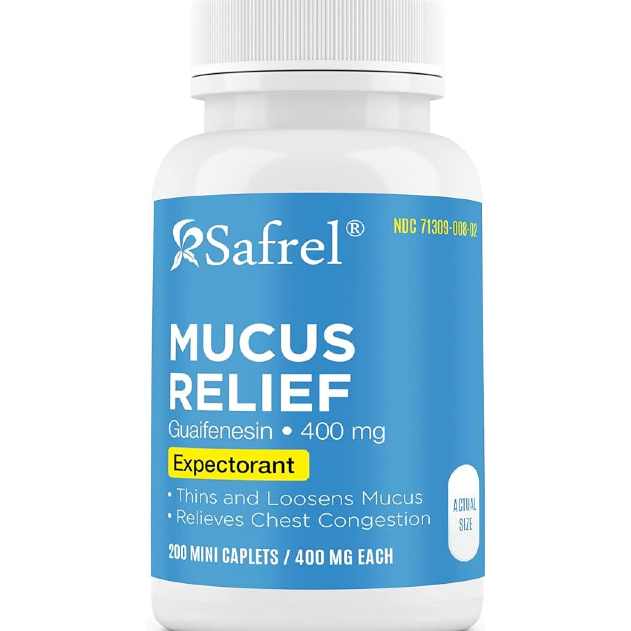 Safrel Mucus Relief Medicine  Guaifenesin 400 mg - 200 Mini Tablets, Compare to Mucinex Tablets