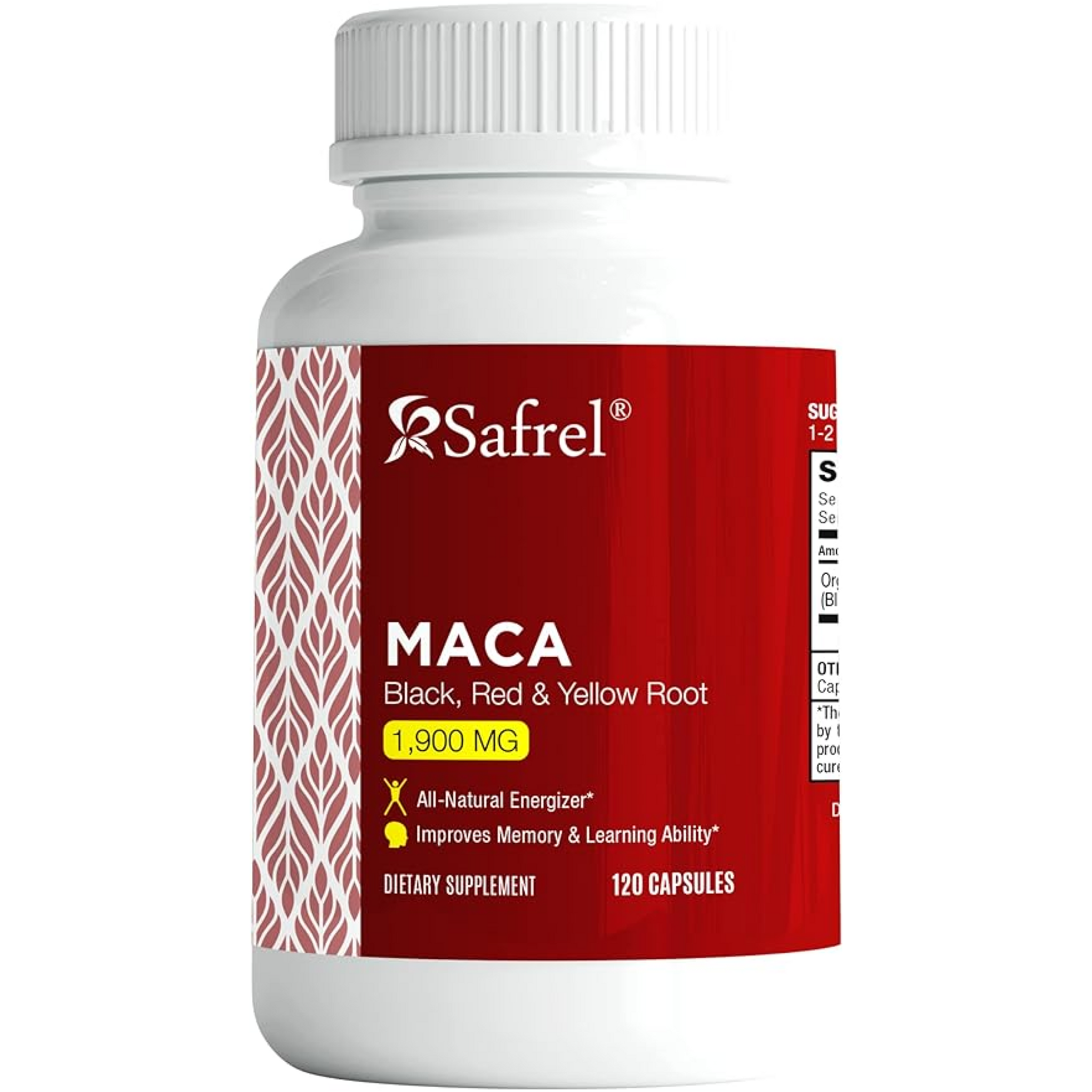 Safrel Organic Maca Root Black, Red, Yellow 1900 MG per Serving - 120 Vegan Capsules Peruvian Maca Root Gelatinized 100% Pure Non-GMO Supports Reproductive Health Natural Energizer