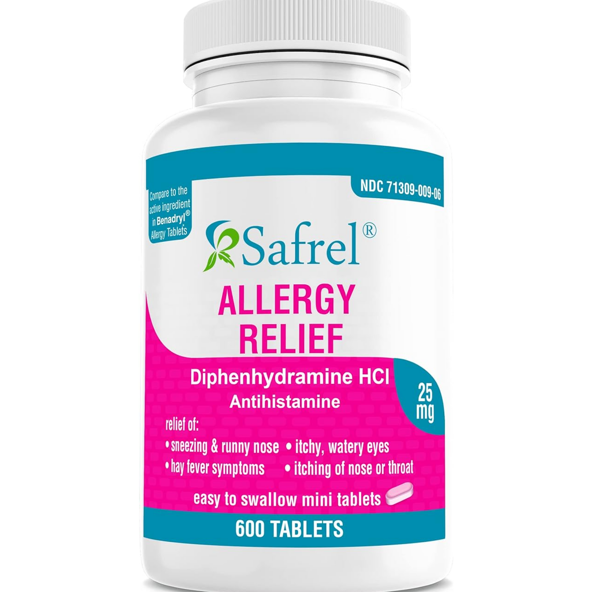 Safrel Allergy Relief Medicine (600 Minitabs) Diphenhydramine HCl 25 mg | Compare to Active Ingredient of Benadryl® Allergy Antihistamine Tablets | for Seasonal or Indoor & Outdoor Allergies