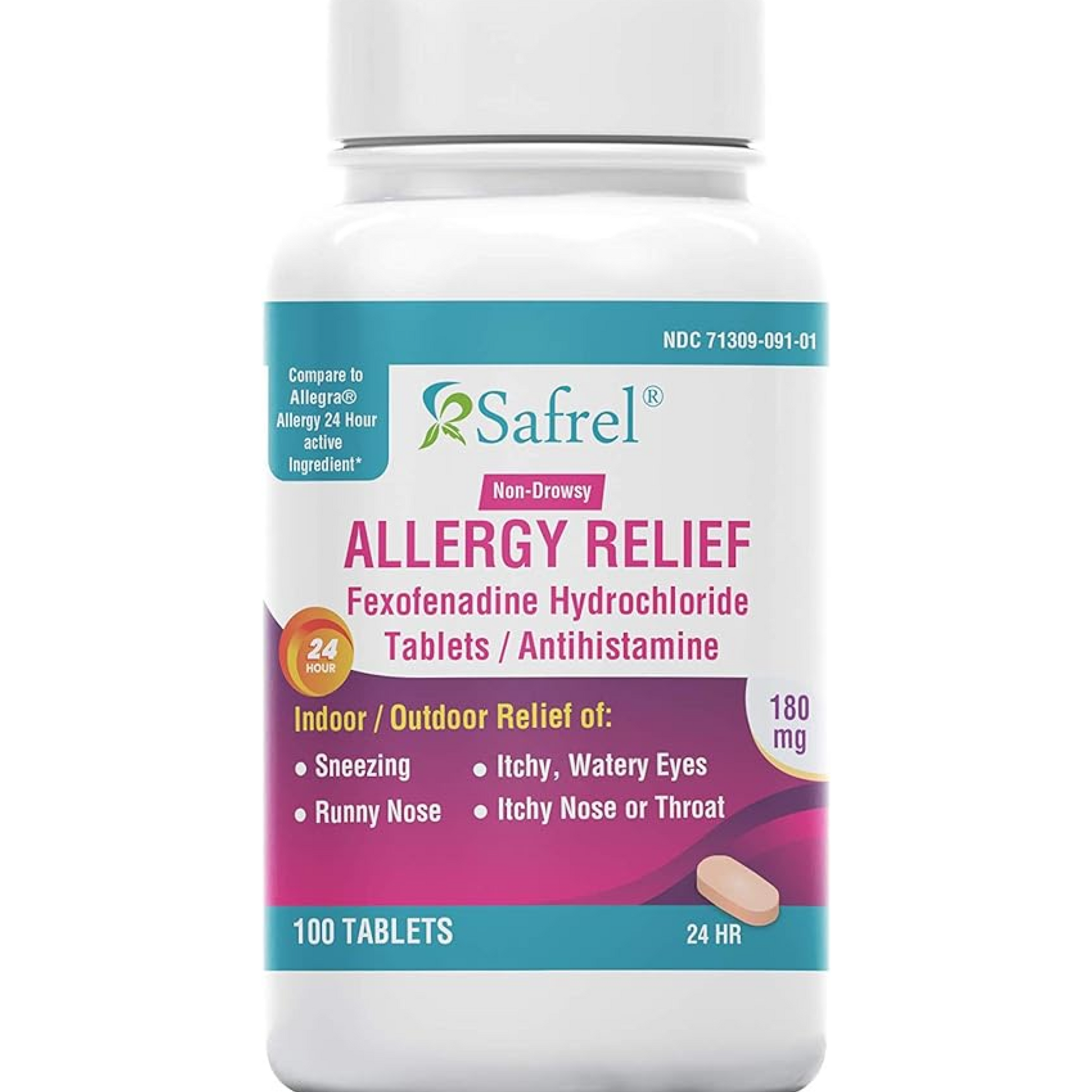 Safrel 24 Hour Allergy Relief Medicine (100-Count) | Fexofenadine HCl 180 mg Tablets |Non-Drowsy Antihistamine | For Hay Fever, Itchy Eyes, Nose, Throat |Children and Adults | Compare to Allegra Pills