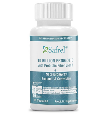 Safrel Probiotics 10 Billion CFU with Organic Prebiotics Fiber Blend | For Adults, Women and Men | Natural Shelf Stable Probiotic Supplement | Acidophilus Probiotic & Saccharomyces Yeast | 60 Capsules