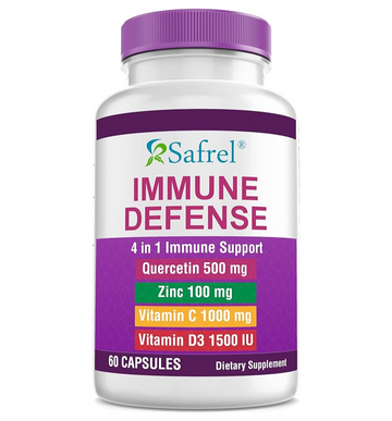 Safrel Strong Immune Support, Quercetin 500 mg, Zinc Picolinate100 mg, Vitamin C 1000 mg, Vitamin D3 1000 IU, 60 Capsules, 1 Month Supply | Made in USA | Vegan