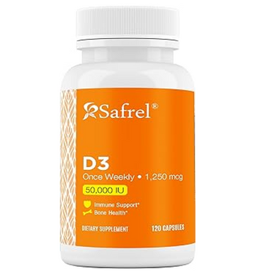Safrel Vitamin D3 50,000 IU (as Cholecalciferol) Supplement, Once Weekly Dose, 1250 mcg Vegetable Capsules for Bones, Teeth, and Immune Support, 1 Year Supply, Non-GMO Pills (120 Count (Pack of 1))
