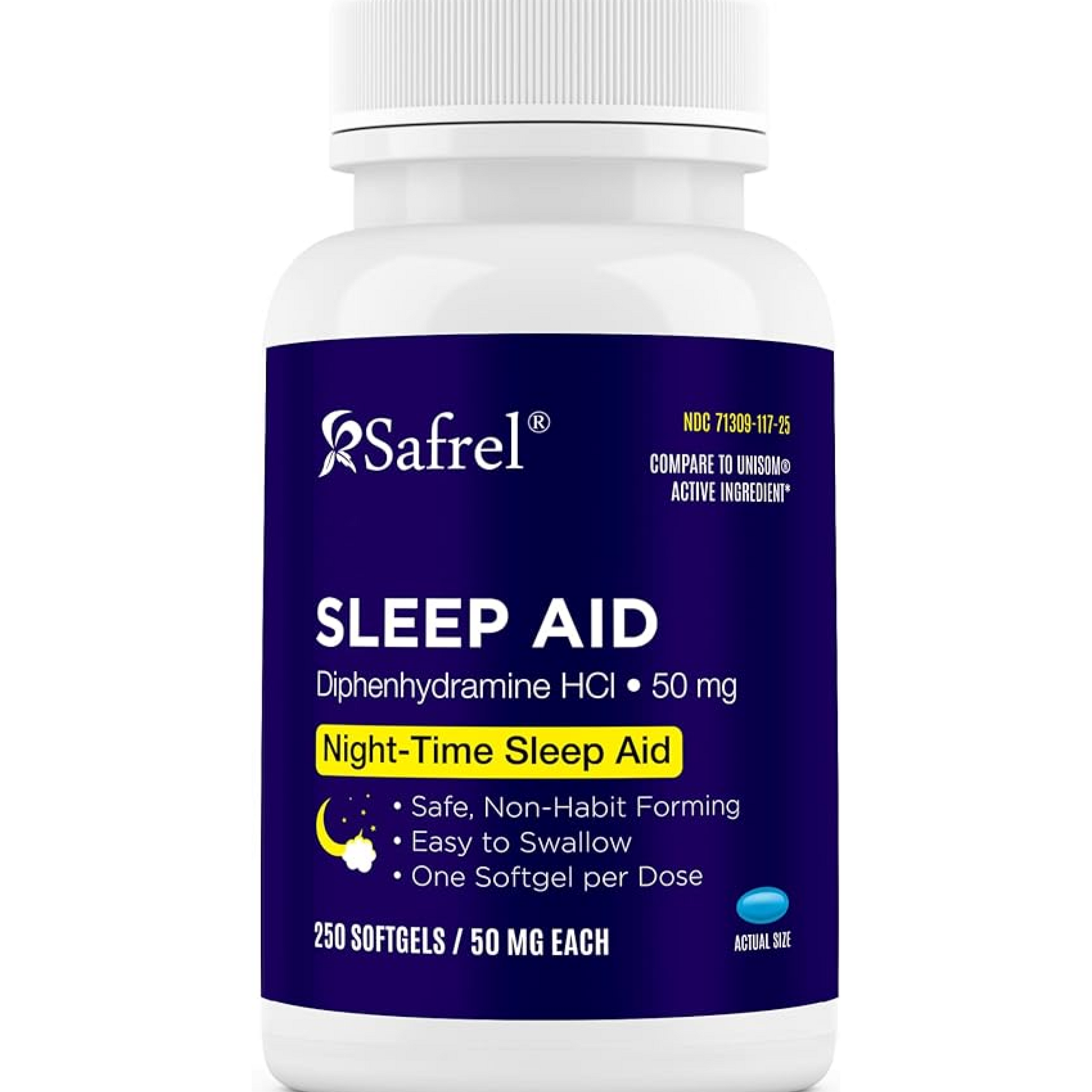Safrel Nighttime Sleep Aid, Diphenhydramine HCl 50mg, 250 Softgels | Strong Non Habit-Forming Restful Sleeping Support for Men & Women | Fall Asleep Faster & Wake up Refreshed