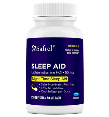 Safrel Nighttime Sleep Aid, Diphenhydramine HCl 50mg, 250 Softgels | Strong Non Habit-Forming Restful Sleeping Support for Men & Women | Fall Asleep Faster & Wake up Refreshed