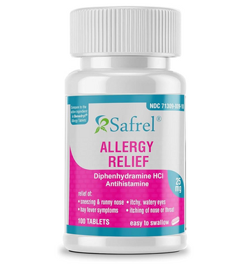 Safrel Allergy Relief Medicine | Antihistamine Diphenhydramine HCl 25 mg (100 Tablets) | Children and Adults | Relieves Sneezing, Runny Nose, Hay Fever Symptoms, Itchy Eyes and Throat | Value Pack