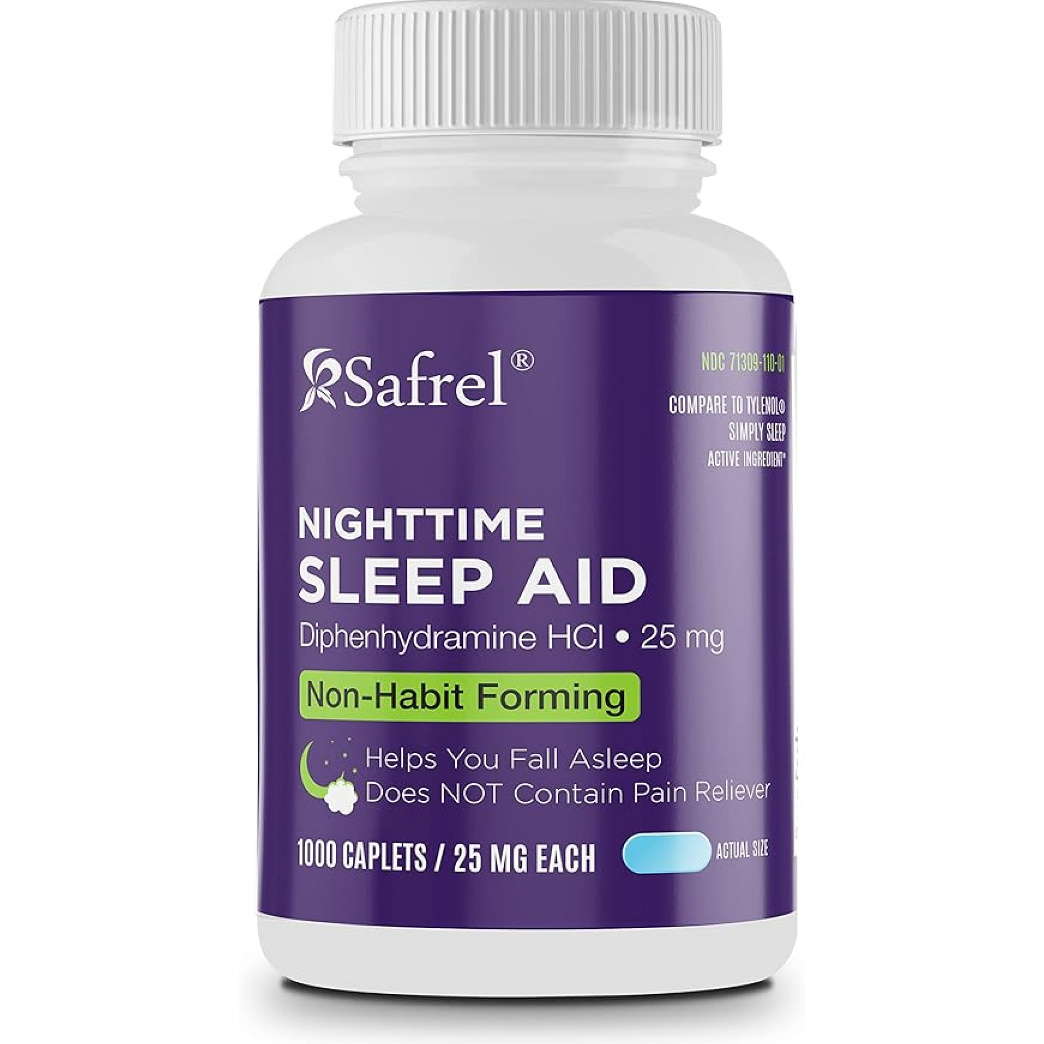Safrel Nighttime Sleep Aid, Diphenhydramine HCl 25mg | Strong Non Habit-Forming Restful Sleeping Support for Men & Women | Fall Asleep Faster & Wake up Refreshed (1000 Count (Pack of 1))
