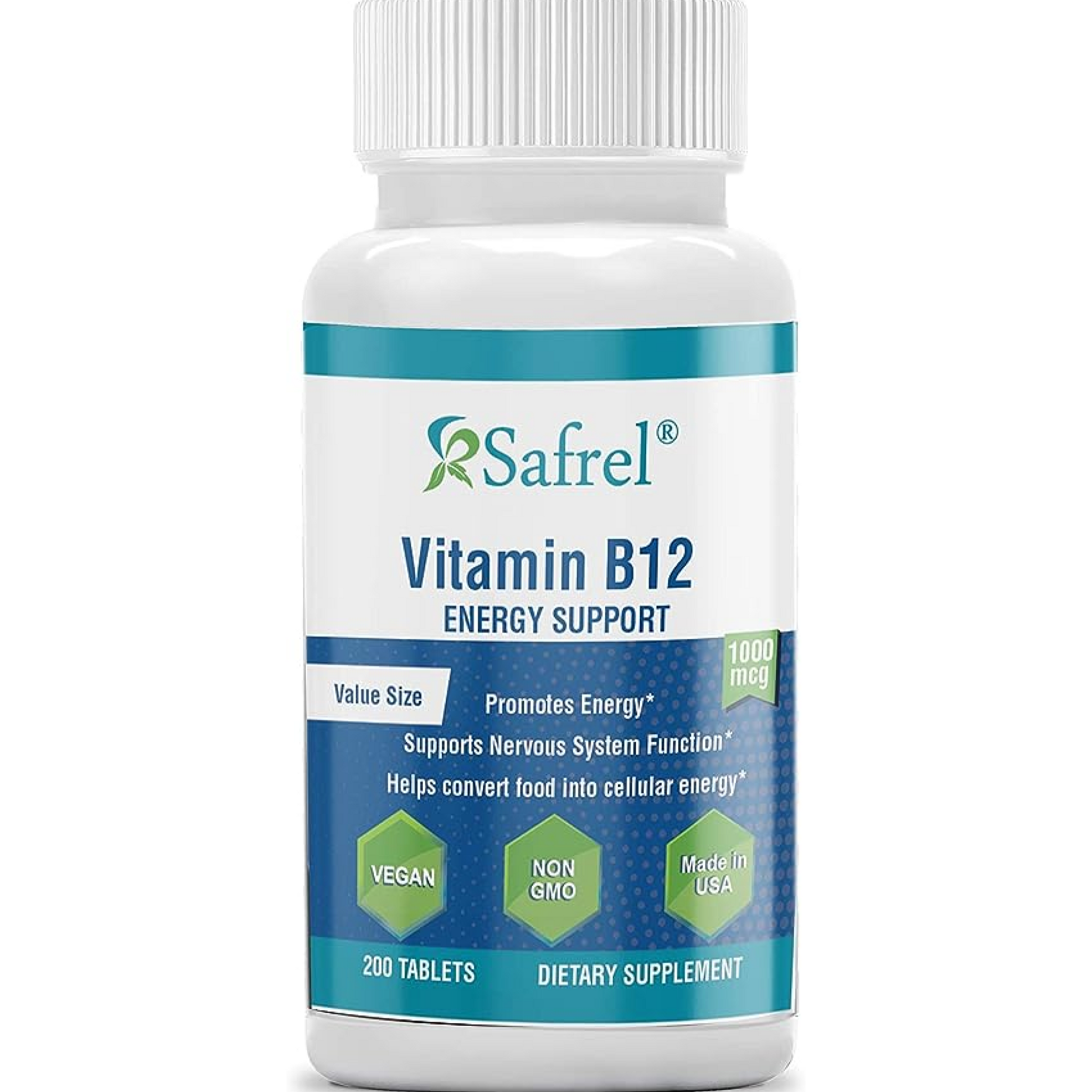 Safrel Vitamin B-12 1000 mcg 200 Tablets, Dietary Supplement for Provides Energy, Metabolism and Nervous System Health Support | Kosher, Vegan, Gluten Free and Dye Free | Made in USA | 200 Days Supply