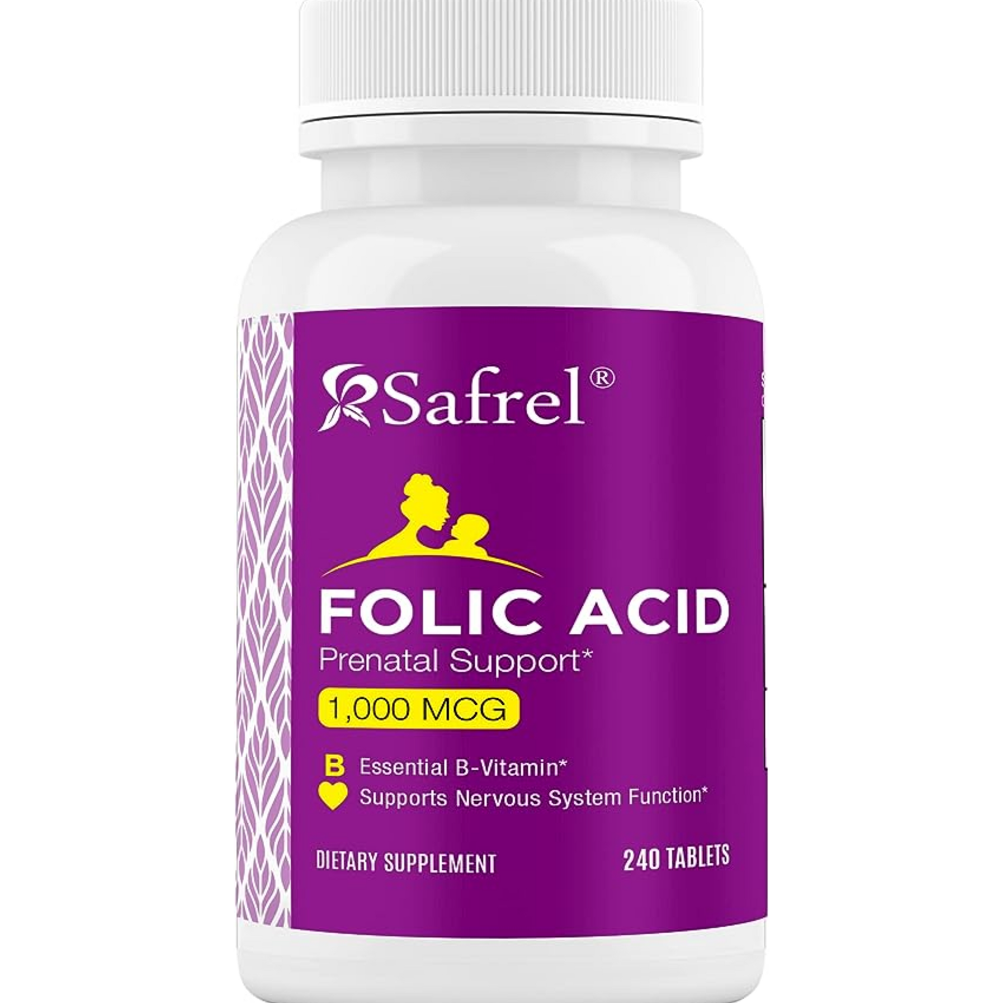 Safrel Folic Acid 1000 mcg (1 mg) - Vitamin B9 - 240 Tablets , Essential Prenatal and Postnatal Vitamin for Fetal Development, Red Blood Cell Production, Cell and Neural Development | Non-GMO, Vegan