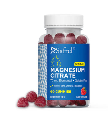 Safrel Magnesium Citrate Gummies - 60 Vegan Gummies, 600mg per Serving - Promotes Relaxation, Muscle, Bone, & Energy Support - Adults & Seniors- Raspberry Flavor (Pack of 1)