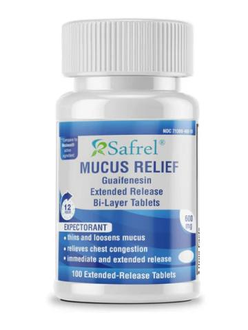 Safrel Mucus Relief Guaifenesin 600mg | 12 Hr Support (100 Count) Extended-Release Tablets | Thins and Loosens Mucus, Relieves Nasal & Chest Congestion | Cough, Cold, Flu Relief | Mucinex Generic