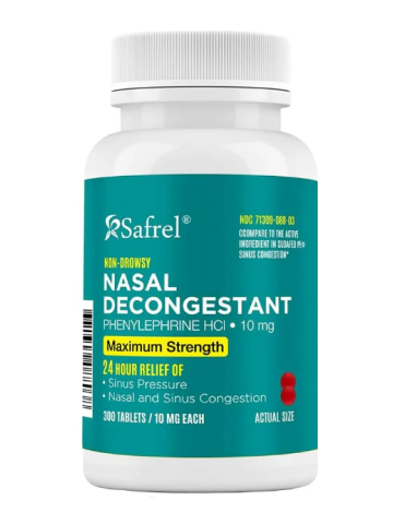 Safrel Nasal Decongestant PE - 300 Counts, 10 mg Phenylephrine HCl - Maximum Strength Non-Drowsy Relief for Nasal & Sinus Congestion from Cold & Allergies - Adults & Children