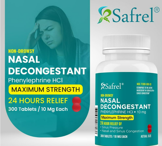 Safrel Nasal Decongestant PE - 300 Counts, 10 mg Phenylephrine HCl - Maximum Strength Non-Drowsy Relief for Nasal & Sinus Congestion from Cold & Allergies - Adults & Children