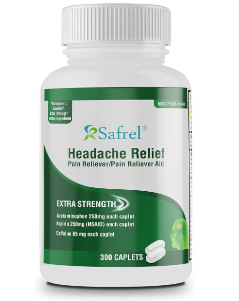 Safrel - Extra Strength Headache Relief Acetaminophen with Aspirin (NSAID) & Caffeine (300 Caplets) Value Pack | Head Pain Relief, Muscle Aches, Back Pain & Body | Generic Excedrin Extra Strength