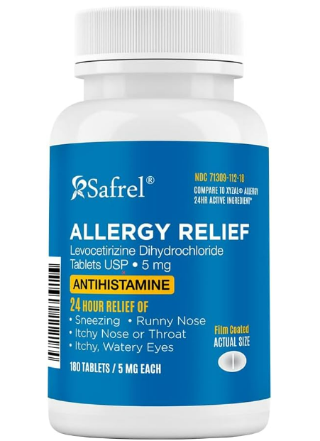 Safrel Allergy Relief - 180 Tablets, 5mg Levocetirizine Dihydrochloride - 24hr Fast Acting Non-Drowsy Antihistamine for Runny Nose, Watery Eyes, Sneezing - Adults & Children