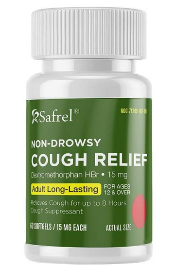 Safrel Non-Drowsy Cough Relief - 60 Count, 15mg Dextromethorphan HBr - 8-Hour, Long-Lasting, Cough Suppressant for Adults & Children- Pack of 1