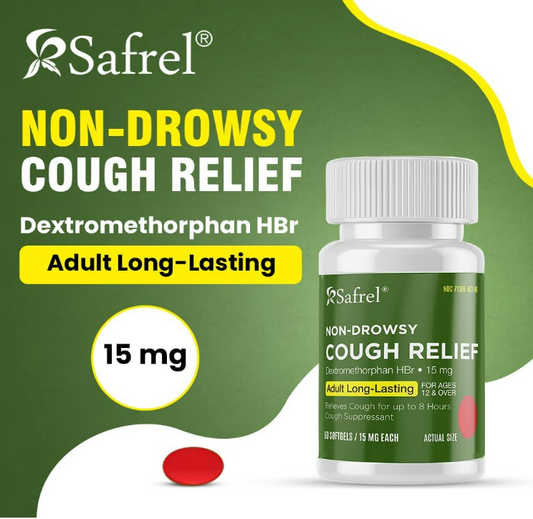 Safrel Non-Drowsy Cough Relief - 60 Count, 15mg Dextromethorphan HBr - 8-Hour, Long-Lasting, Cough Suppressant for Adults & Children- Pack of 1