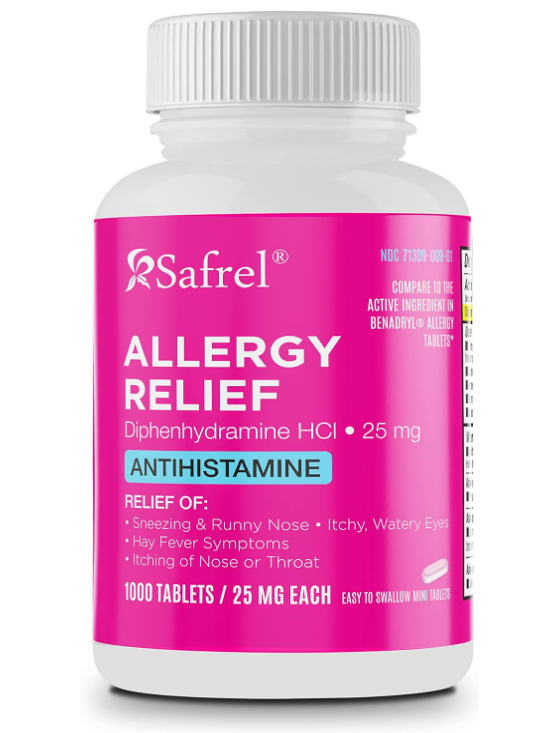 Safrel Allergy Relief Medication Diphenhydramine HCl Caplets 25 mg (1000 Count), Antihistamine Relieves Sneezing, Runny Nose, Hay Fever, Itchy Eyes and Throat, Seasonal Indoor & Outdoor Allergy Pills