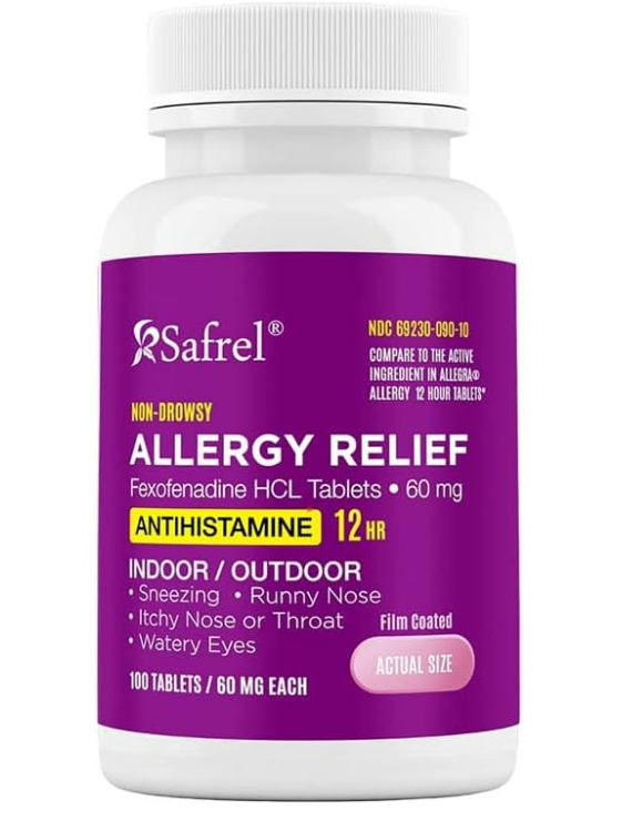 Safrel Fexofenadine HCl 100-Count Tablets Allergy Relief Non-Drowsy -Antihistamine-for Indoor & Outdoor Allergies - Runny Nose, Itchy & Watery Eyes Relief -12 Hour Support- Ideal for Children & Adults