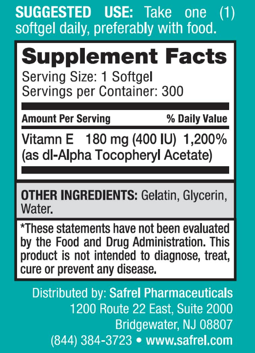 Safrel Vitamin E 400 IU, 240 Softgel Capsules - Gluten Free, Non-GMO