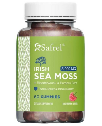 Safrel Irish Sea Moss Gummies 3000mg - 60 Vegan Gummies - with Bladderwrack & Burdock Root - Thyroid, Energy & Immune Support Supplement- Raspberry Flavor