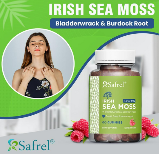Safrel Irish Sea Moss Gummies 3000mg - 60 Vegan Gummies - with Bladderwrack & Burdock Root - Thyroid, Energy & Immune Support Supplement- Raspberry Flavor