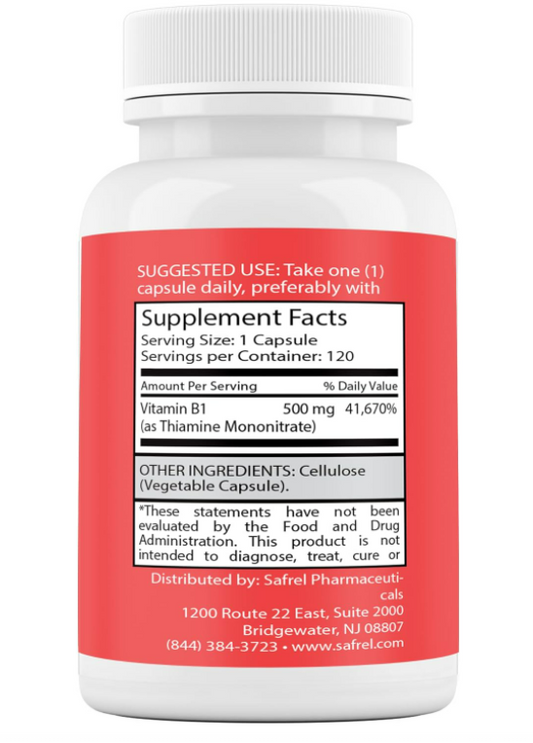Safrel Vitamin B1 (Thiamine) 500mg, 120 Capsules - Gluten Free and Non-GMO