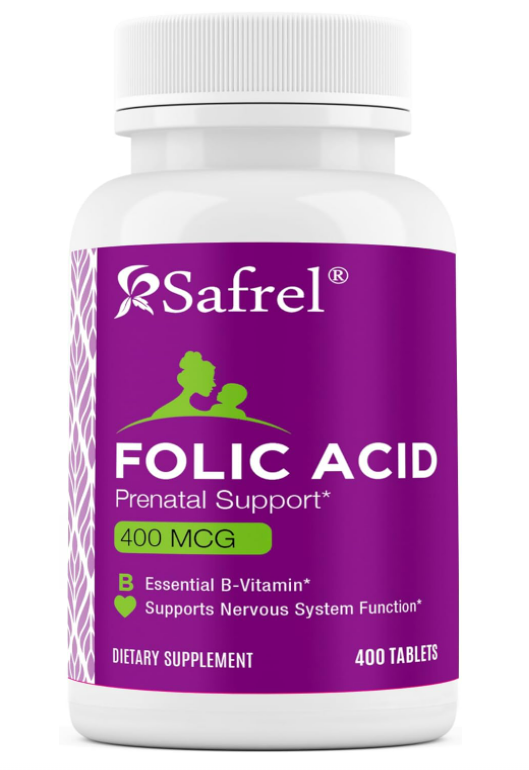 Safrel Folic Acid 400 mcg - Vitamin B9-400 Tablets, Essential Prenatal and Postnatal Vitamin for Fetal Development, Red Blood Cell Production, Cell and Neural Development | Non-GMO, Vegan