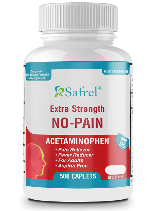 Safrel No-Pain Extra Strength Acetaminophen 500 mg Caplets, Pain Reliever and Fever Reducer Medicine, 500 Count Value Pack