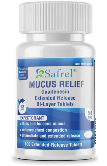 Safrel Mucus Relief Guaifenesin 600mg | 12 Hr Support (100 Count) Extended-Release Tablets | Thins and Loosens Mucus, Relieves Nasal & Chest Congestion | Cough, Cold, Flu Relief | Mucinex Generic