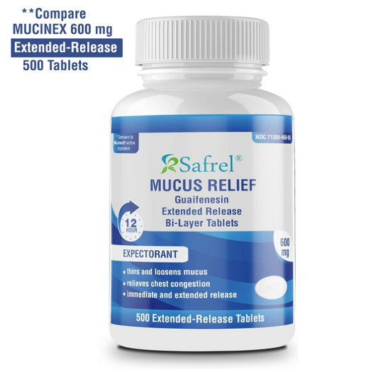 Safrel Mucus Relief, 600mg Guaifenesin 12 Hour Extended Release, Long Acting Chest Congestion Expectorant, Thins and Loosens Mucus, Relieves Chest Congestion, Cough, Cold and Flu (500 Count Bottle)