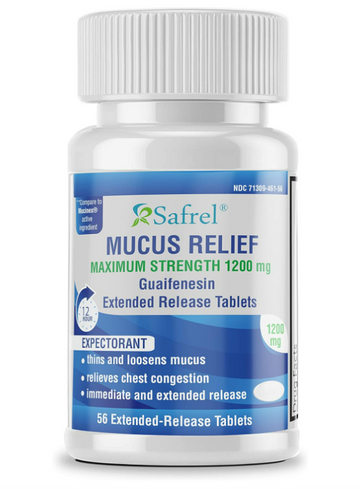 Safrel Mucus Relief Guaifenesin 1200mg | 12 Hr Support (56 Count) Extended-Release Tablets | Thins and Loosens Mucus, Relieves Nasal & Chest Congestion | Cough, Cold, Flu Relief | Mucinex Generic
