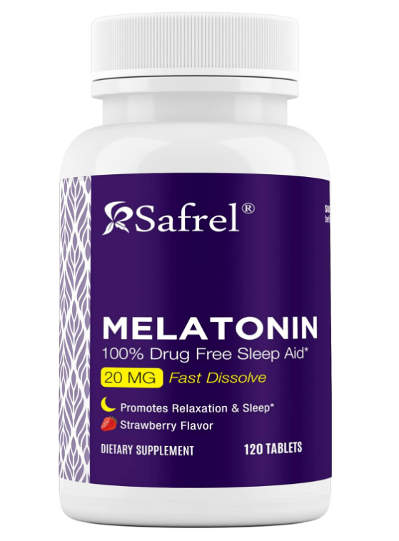 Safrel Melatonin 20mg - 120 Count Strawberry Flavor Fast Dissolve Tablets, Promotes Natural Sleep, Non-Habit Forming, High Absorption Formula, Non-GMO, Gluten Free, Vegan