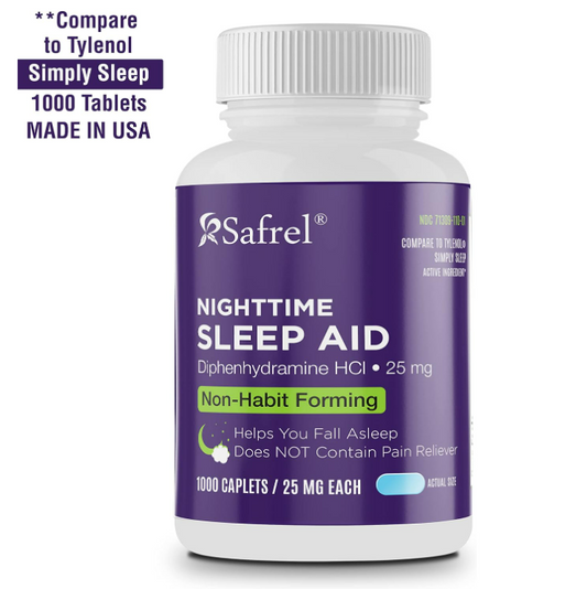 Safrel Nighttime Sleep Aid, Diphenhydramine HCl 25mg | Strong Non Habit-Forming Restful Sleeping Support for Men & Women | Fall Asleep Faster & Wake up Refreshed (1000 Count (Pack of 1)