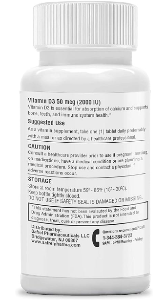 Safrel Vitamin D3, 100 Tablets, Vitamin D 2000 IU (50 mcg) Helps Support Immune Health, Strong Bones and Teeth, & Muscle Function | Nature Made in USA