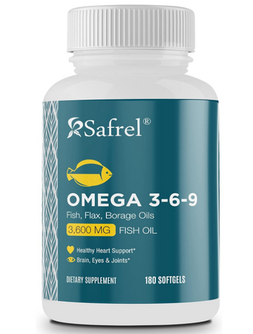 Safrel Omega 180 Soft Gels - 3600 mg Omega-3-6-9, High-Potency Omega-3 Fish Oil Supplement with EPA & DHA - Promotes Brain & Heart Health - Non-GMO - 60 Servings