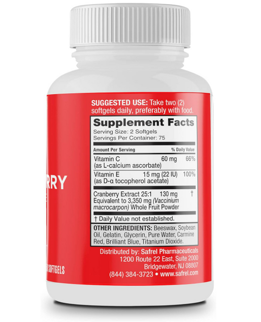 Safrel Cranberry Urinary Tract Health Dietary Supplement, 1 Serving = 1 Glass of Cranberry Juice, Sugar Free, Non-GMO, 150 Softgels